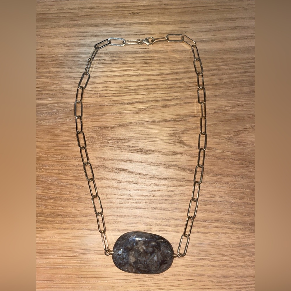 Gold Tone Paperclip Chain Necklace With Oval Natural Stone Pendant